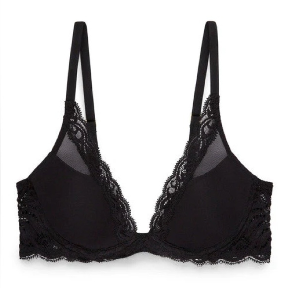 Natori Black Feathers Plunge Bra 30D NWT!